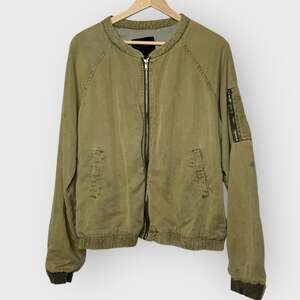 Sanctuary Pilot Bomber Jacket Large Safari Green Full Zip Linen Blend Zip Pocket